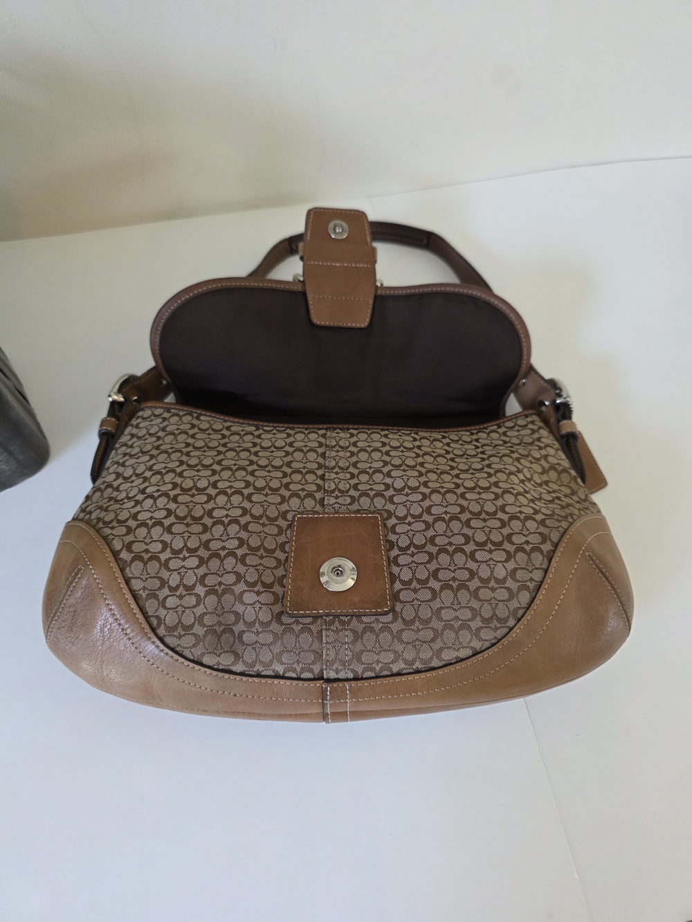 Coach Soho Signature Large Flap Shoulder Bag Brown Jacquard Canvas Leather Trim - Picture 10 of 16